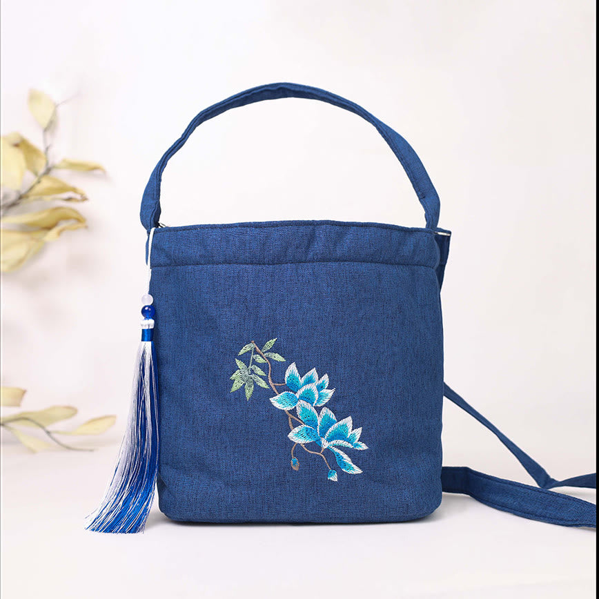 Embroidery Wisteria Plum Lotus Cherry Blossom Cotton Linen Canvas Tote Crossbody Bag Shoulder Bag Handbag