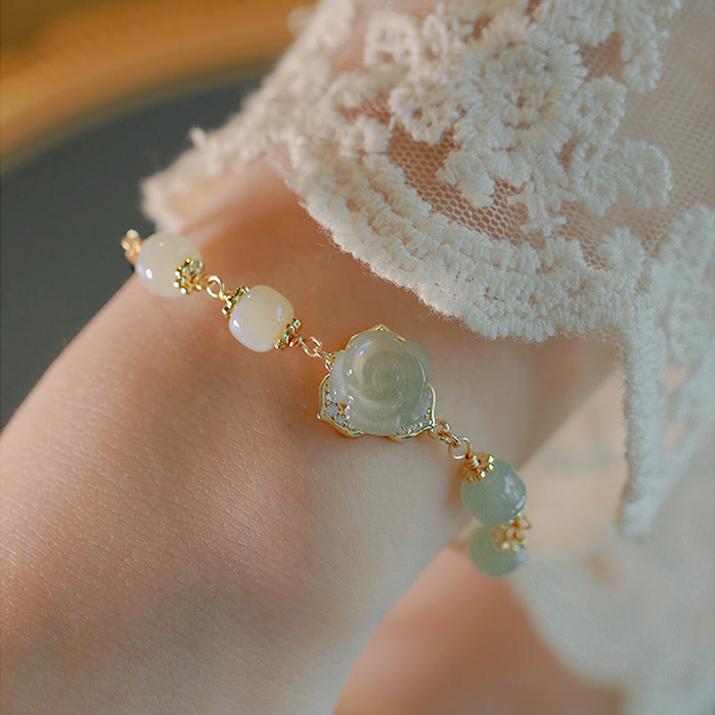 14K Gold Plated Hetian Jade Rose Flower Luck Chain Bracelet - Image 7