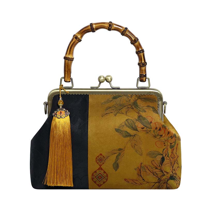 Leaves Bird Branches Persimmon Flowers Bamboo Handles Handbag - Image 12