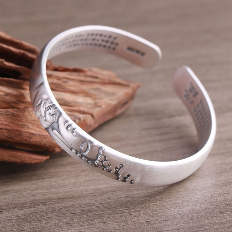 999 Sterling Silver Buddha Head Heart Sutra Serenity Bracelet Bangle - Image 12