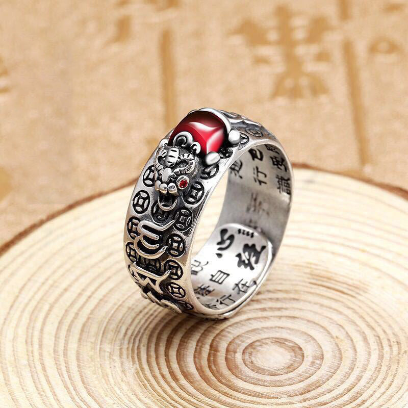 Genstone PiXiu Feng Shui Frog Vajra Dorje Heart Sutra Wealth Adjustable Ring - Image 5