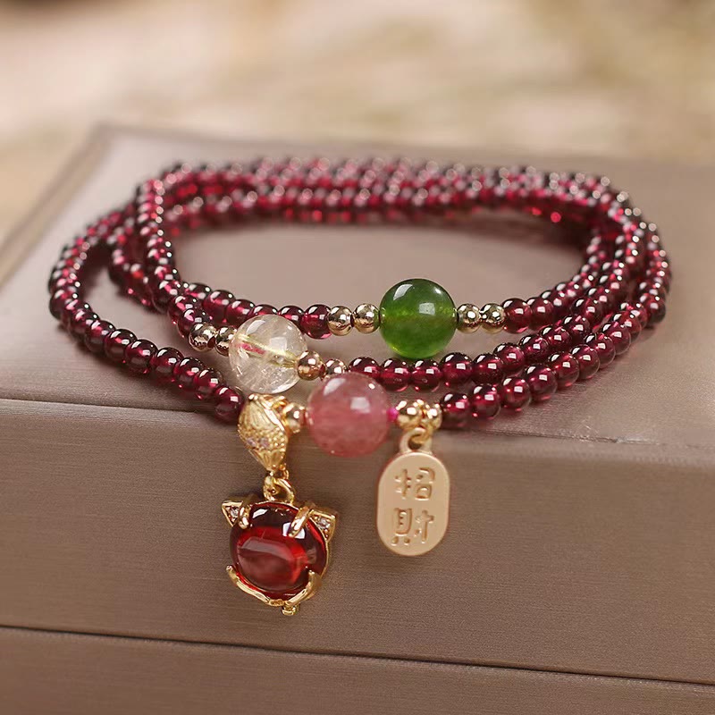 Natural Garnet Strawberry Quartz Crystal Fox Koi Fish Peace Buckle Fortune Protection Triple Wrap Bracelet - Image 4