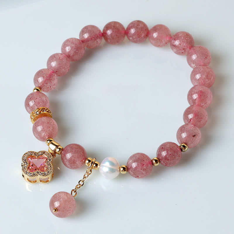 Strawberry Quartz Pearl Four Leaf Clover Charm Healing Bracelet - Image 3