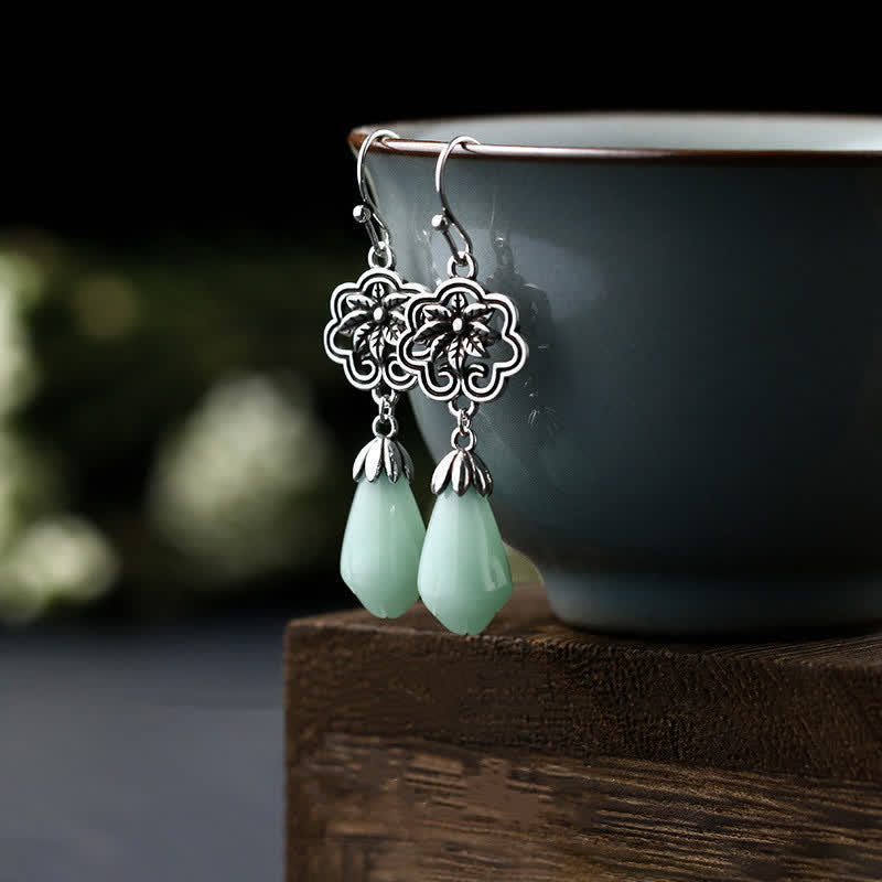 Magnolia Flower Jade Water Drop Prosperity Dangle Earrings