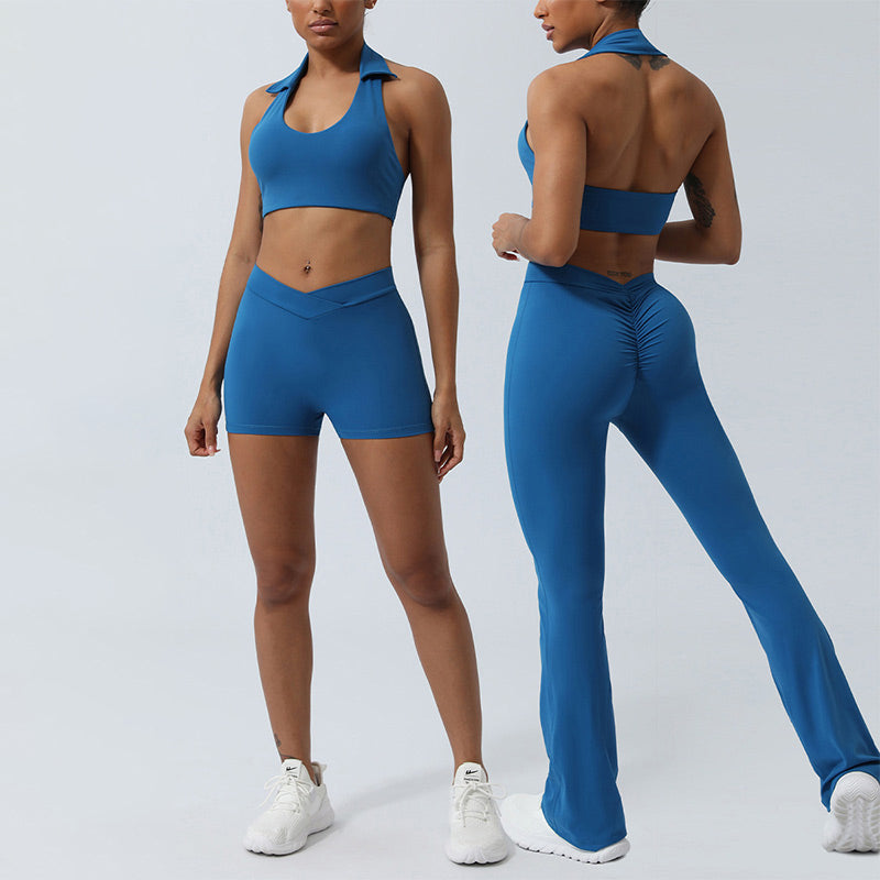 2Pcs Workout Sleeveless Backless Top Shorts Flared Pants Sports Fitness Yoga Outfit Set