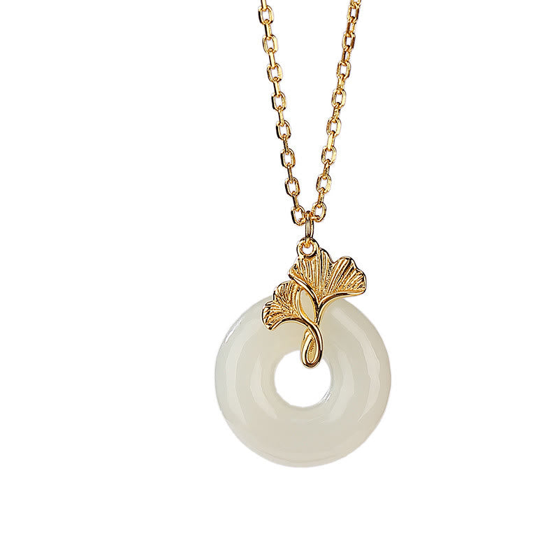925 Sterling Silver Natural Hetian Jade Ginkgo Leaf Peace Buckle Luck Necklace Pendant - Image 7