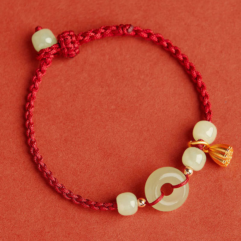 Round Peace Buckle Jade Lotus Happiness Abundance Wealth String Bracelet - Image 5