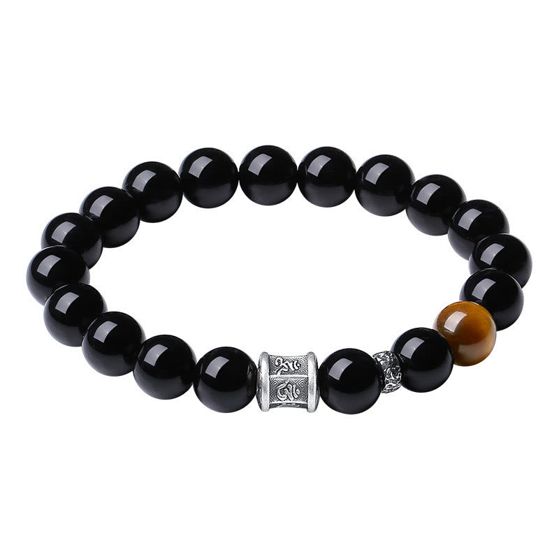 999 Sterling Silver Black Obsidian Tiger Eye Om Mani Padme Hum Fulfillment Bracelet - Image 6
