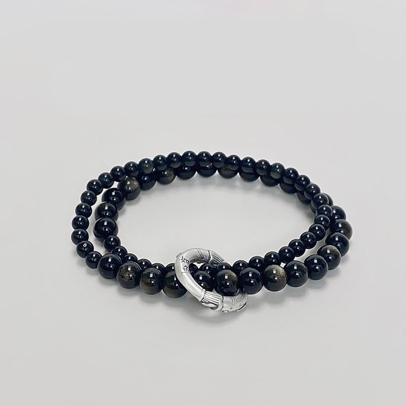 999 Sterling Silver Black Obsidian Fulfillment Strength Double Layer Bracelet