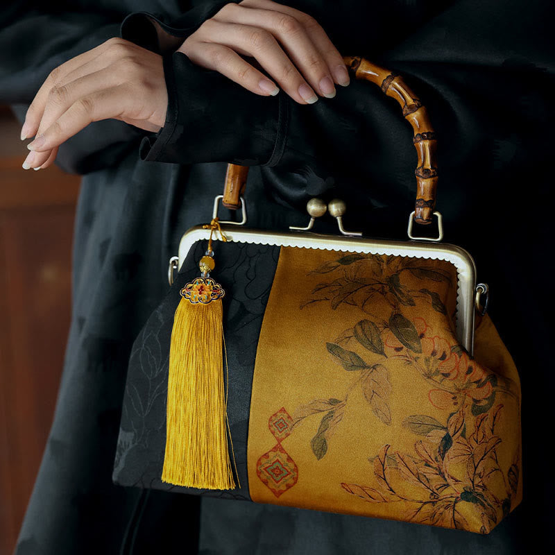 Leaves Bird Branches Persimmon Flowers Bamboo Handles Handbag - Image 11