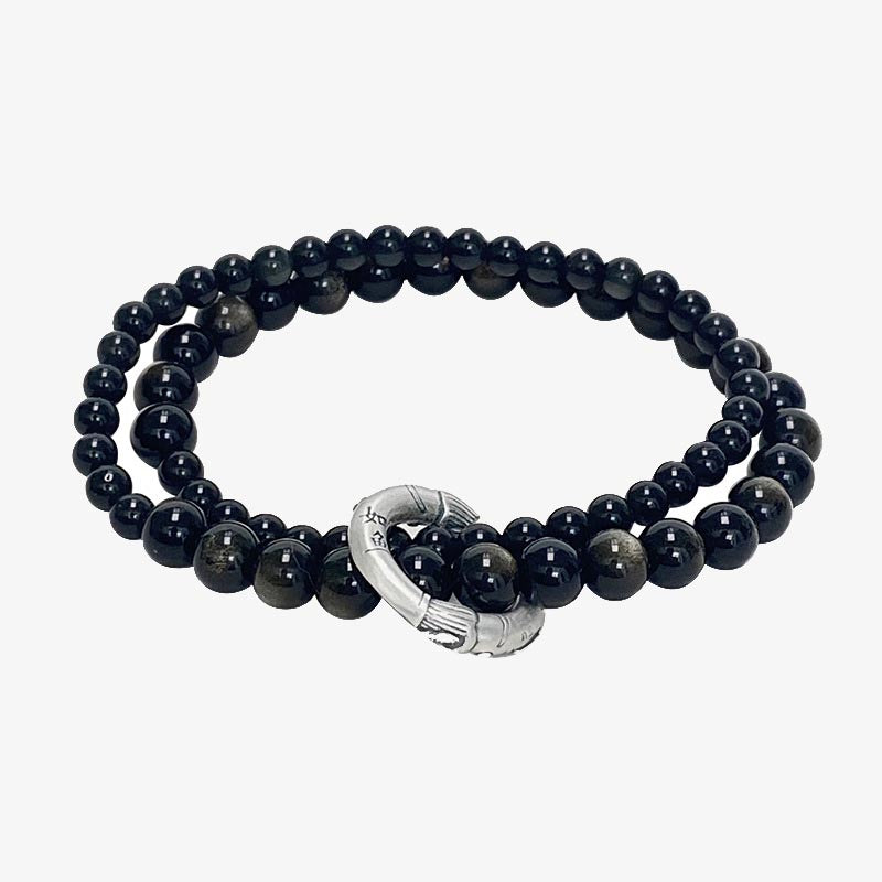 999 Sterling Silver Black Obsidian Fulfillment Strength Double Layer Bracelet - Image 10