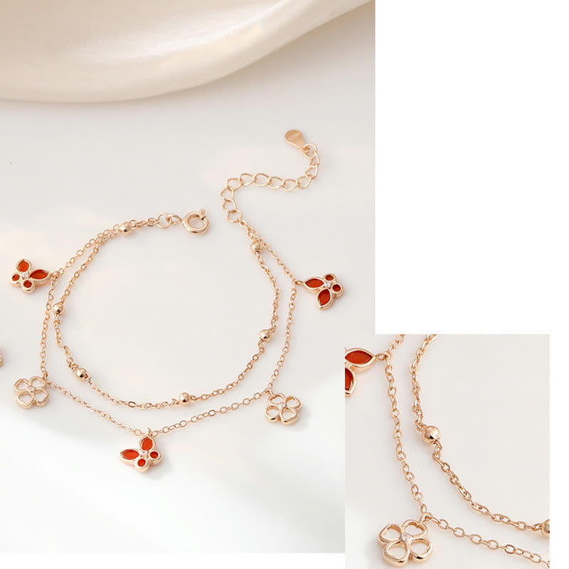 925 Sterling Silver Red Agate Tridacna Stone Butterfly Four Leaf Clover Calm Bracelet Necklace Pendant Set - Image 6