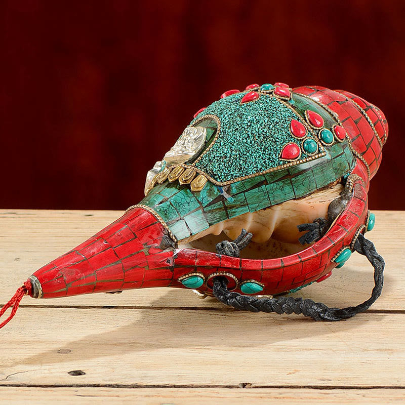 Tibetan Handmade Shankha Om Mani Padme Hum Buddha Avalokitesvara Turquoise Conch Shell Positive Decoration - Image 4