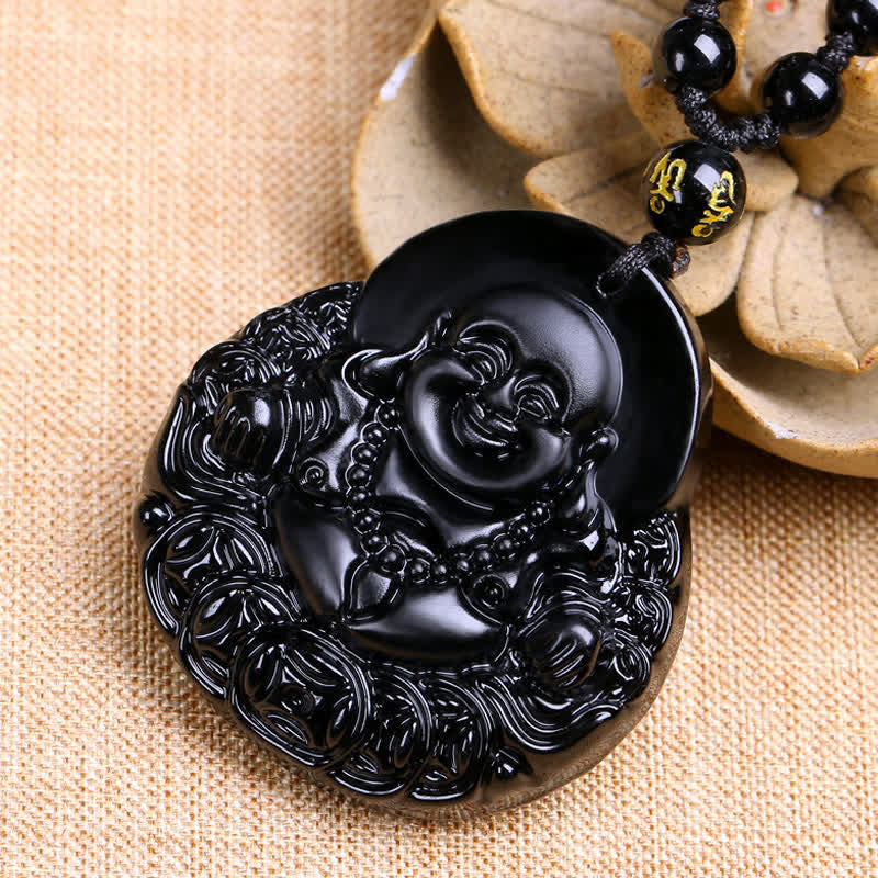 Laughing Buddha Black Obsidian Strength Protection Pendant Necklace - Image 4