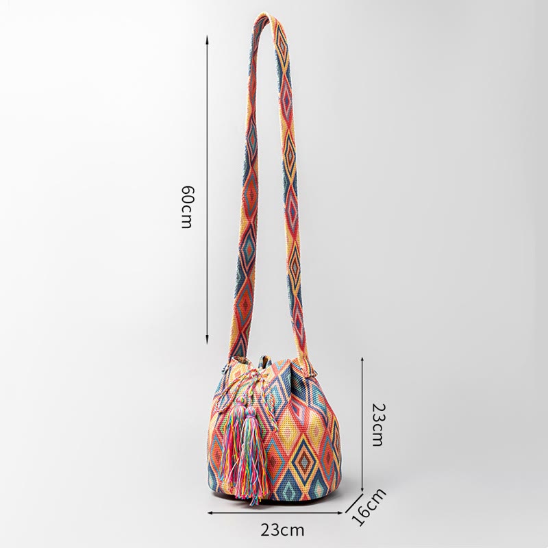 Colorful Geometry Flowers Print Canvas Bucket Crossbody Bag Shoulder Bag - Image 12