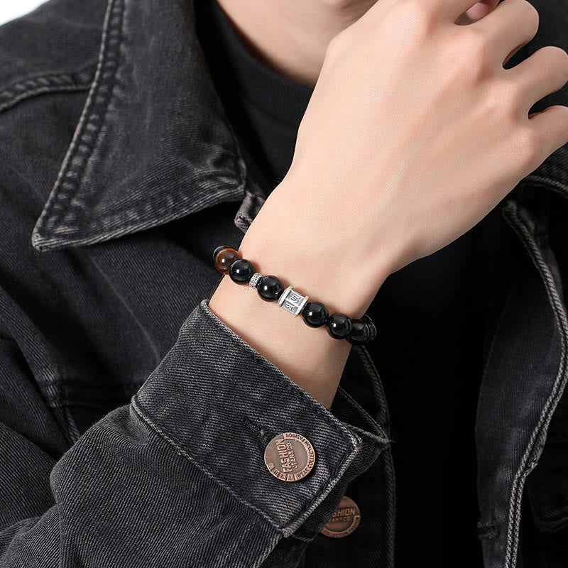 999 Sterling Silver Black Obsidian Tiger Eye Om Mani Padme Hum Fulfillment Bracelet - Image 7