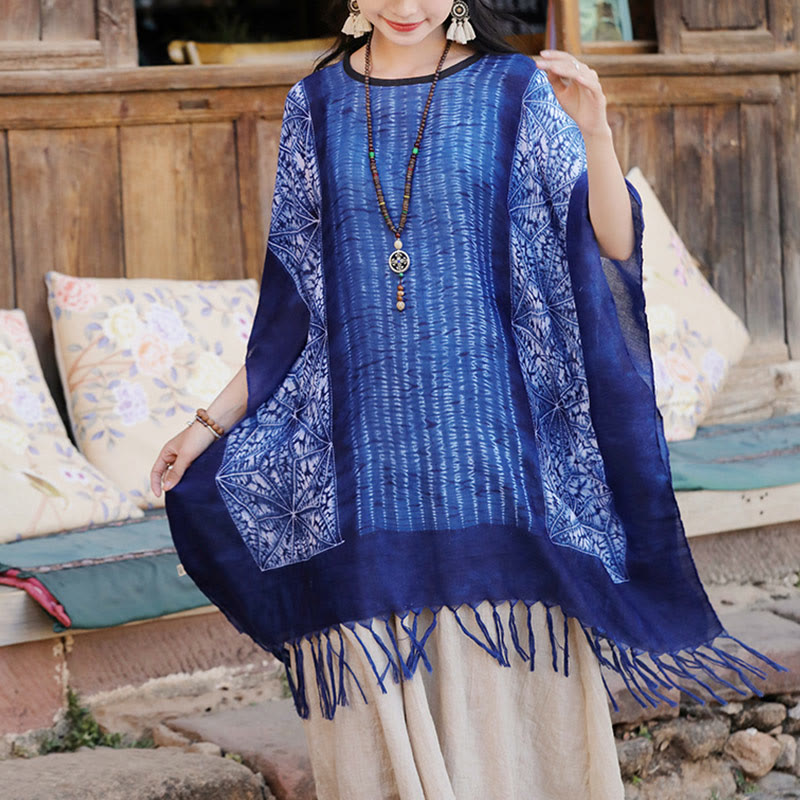 Blue Geometric Stripes Batik Shawl Tassels Cozy Travel Pullover 90*95cm