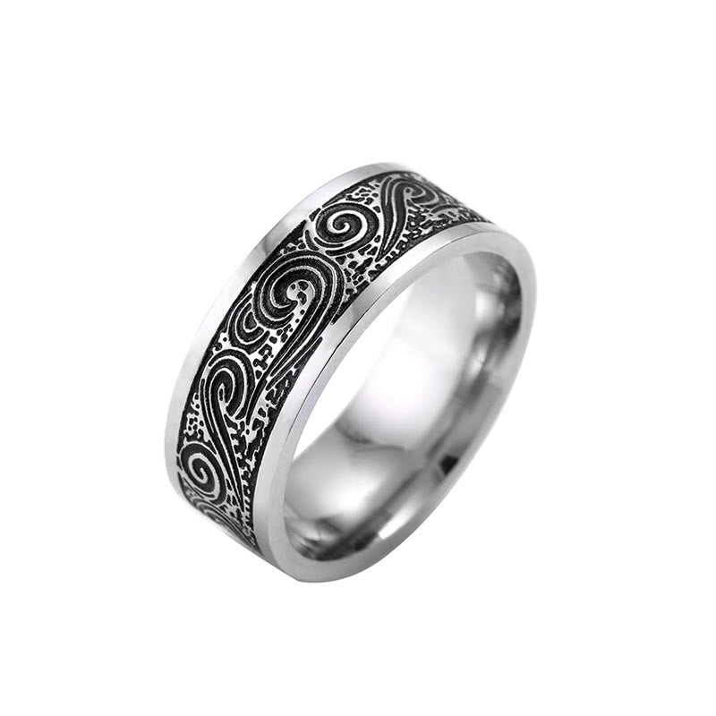 Vintage Wave Auspicious Clouds Engraved Pattern Titanium Steel Balance Ring - Image 5