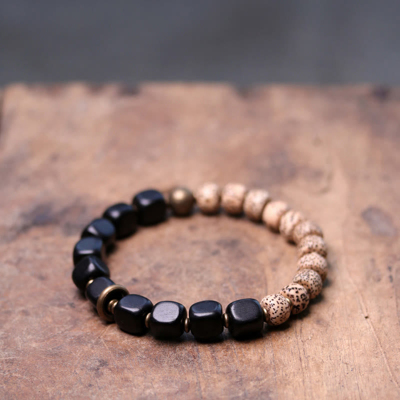 Tibetan Bodhi Seed Black Obsidian Ebony Wood Copper Peace Bracelet - Image 6