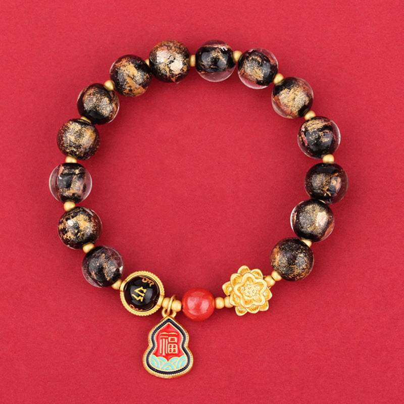 Tibet Om Mani Padme Hum Fu Character Gourd Charm Lotus Liuli Glass Bead Luck Bracelet