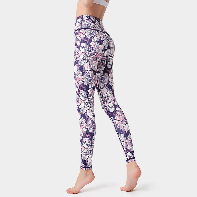 Colorful Flower Petal Leaves Print Sports Exercise Fitness High Waist Leggings Women's Yoga Pants - Image 5