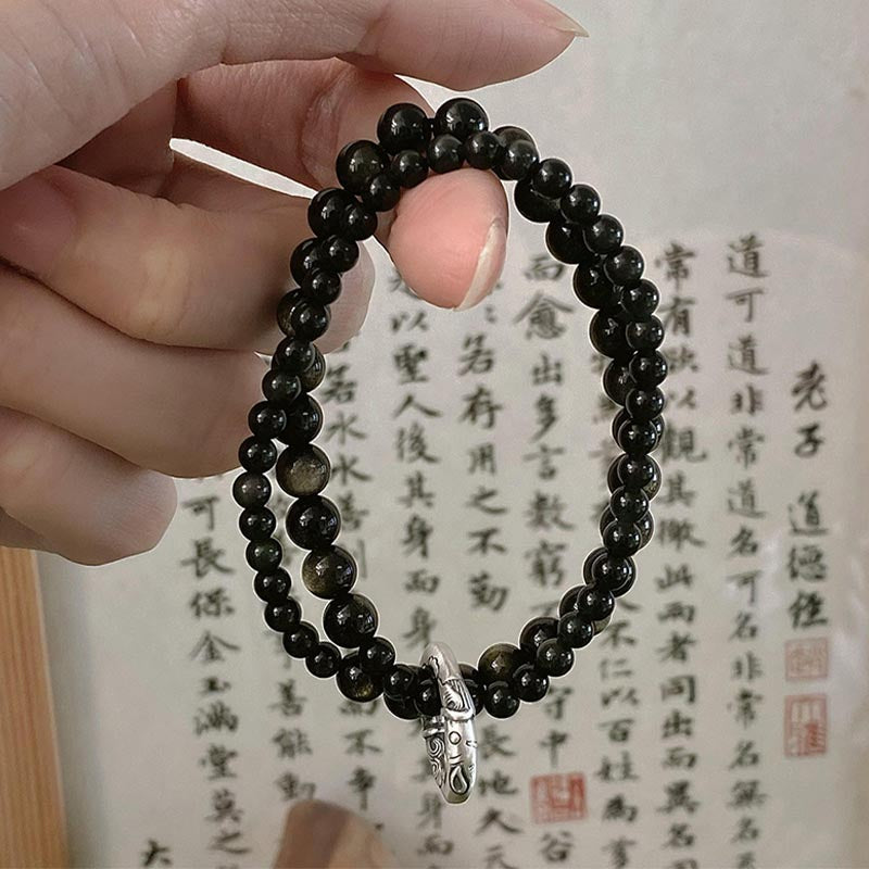 999 Sterling Silver Black Obsidian Fulfillment Strength Double Layer Bracelet - Image 9