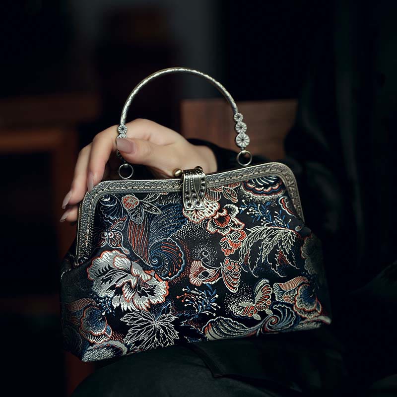 Butterfly Flowers Metal Handle Handbag