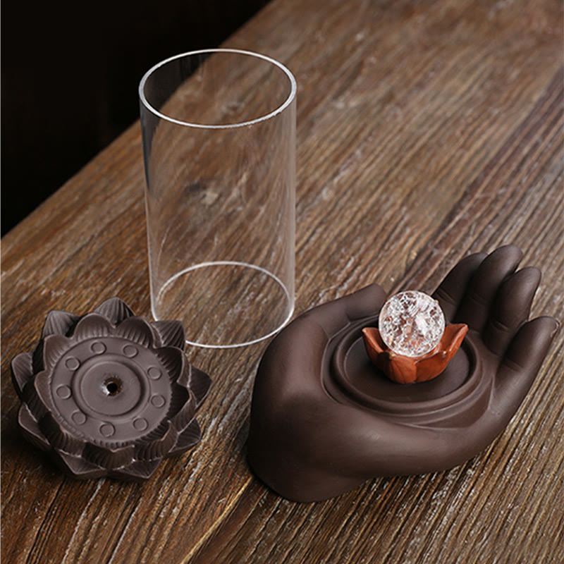 Buddha Hand Lotus Enlightenment LED Light Purple Clay Ceramic Incense Burner Decoration - Image 13