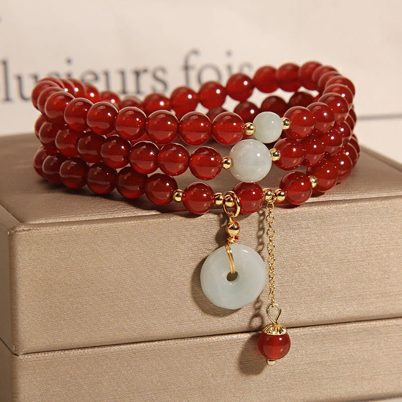 Natural Red Agate Jade Peace Buckle Calm Triple Wrap Bracelet - Image 3