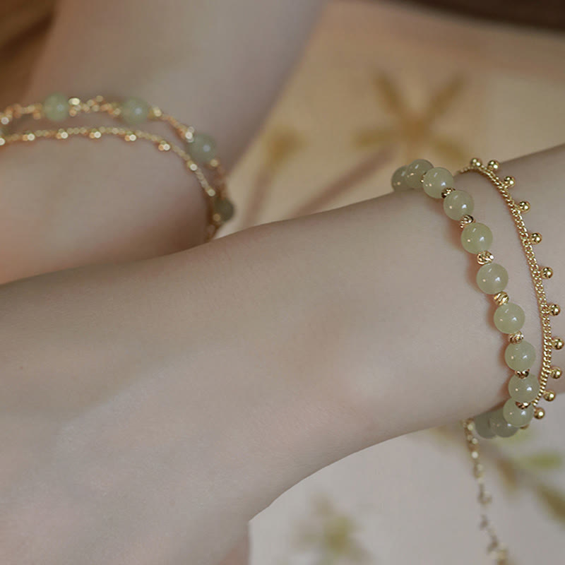 14K Gold Plated 2 Layers Hetian Jade Bead Luck Prosperity Bracelet - Image 9