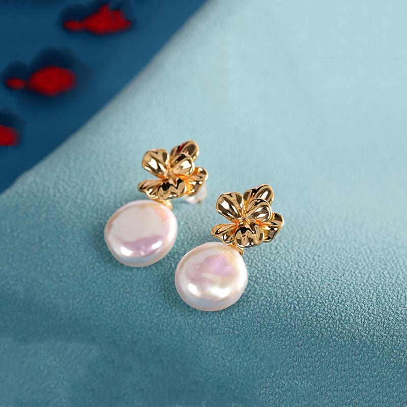925 Sterling Silver Natural Baroque Pearl Flower Healing Drop Earrings - Image 4