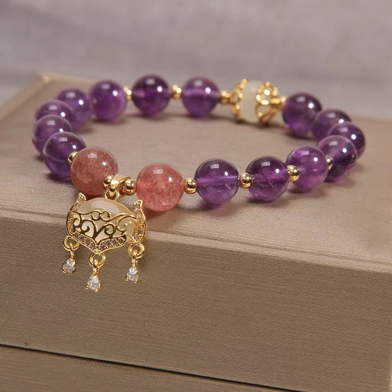 Natural Amethyst Strawberry Quartz Cat Eye Chinese Lock Charm Healing Bracelet - Image 4