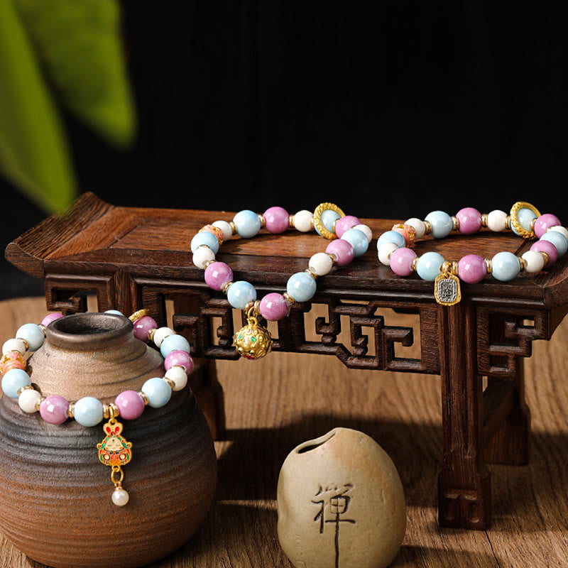 Tibetan Zakiram Goddess of Wealth Rabbit Lion Head Charm Liuli Glass Incense Ash Porcelain Bead Protection Bracelet