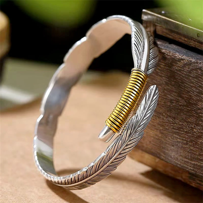 Feather Pattern Engraved Luck Cuff Bracelet Bangle