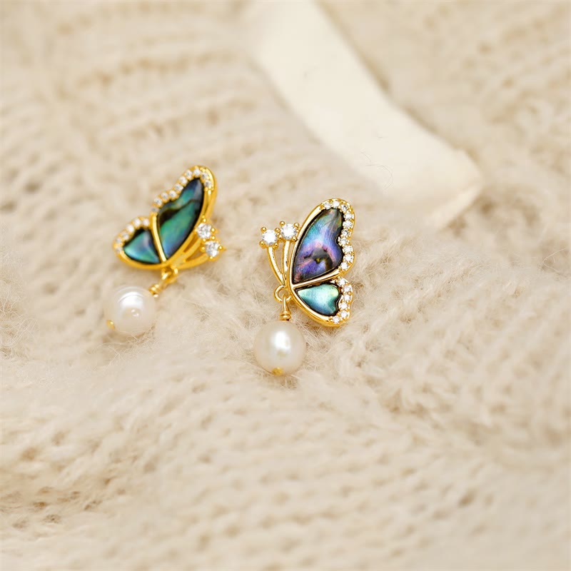 18K Gold Plated Copper Pearl Butterfly Love Stud Earrings