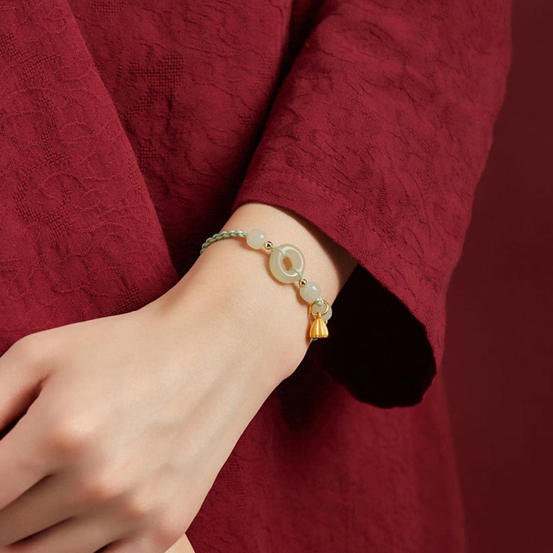 Round Peace Buckle Jade Lotus Happiness Abundance Wealth String Bracelet - Image 13