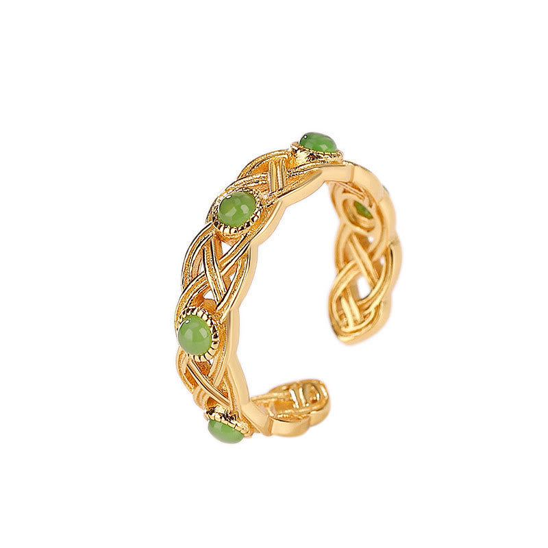 925 Sterling Silver Plated Gold Cyan Jade Braided Design Success Luck Adjustable Ring - Image 6