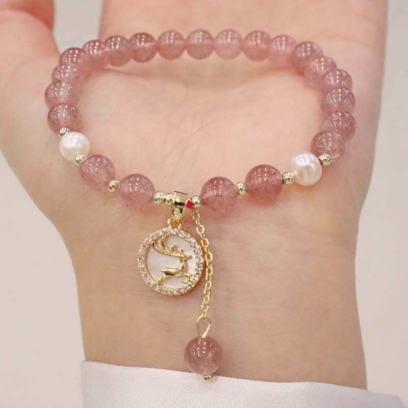 Strawberry Quartz Pearl Elk Smiley Face Fishtail Fu Character Charm Healing Bracelet - Image 5
