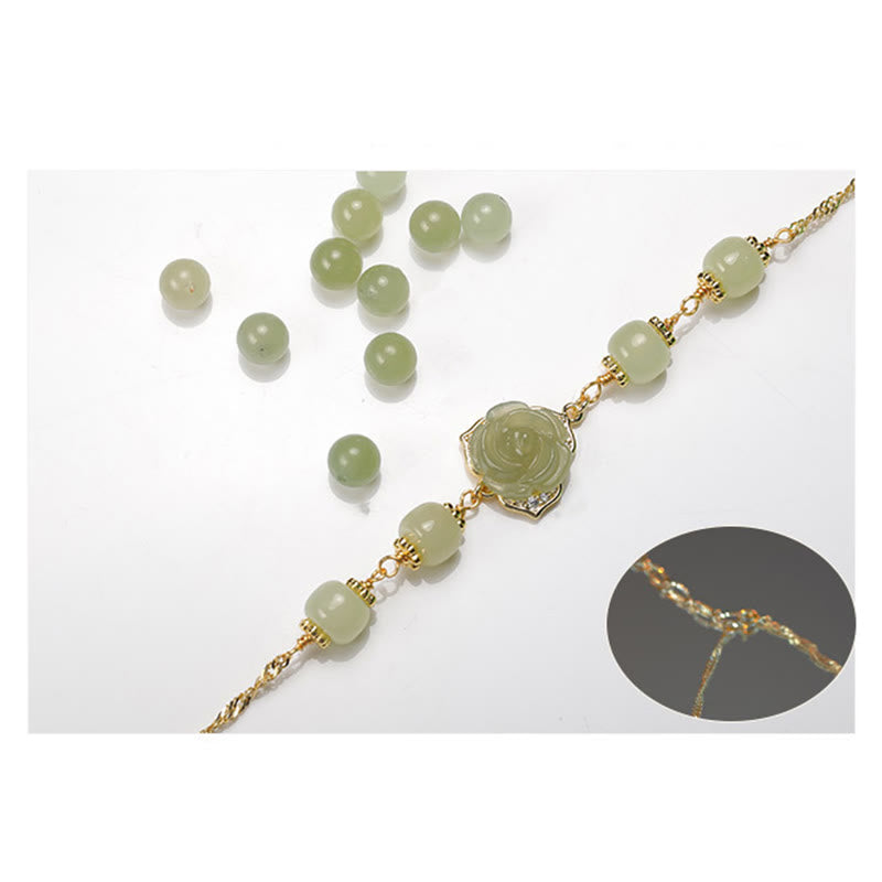 14K Gold Plated Hetian Jade Rose Flower Luck Chain Bracelet - Image 14