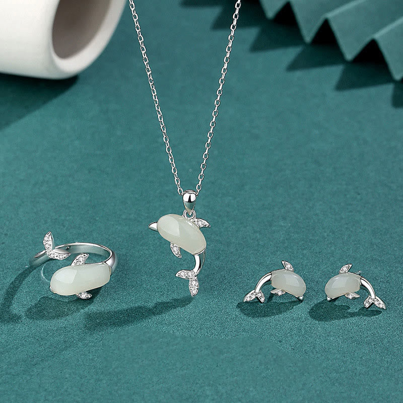 925 Sterling Silver Cute Dolphin Hetian Jade Red Agate Luck Necklace Pendant Ring Earrings Set