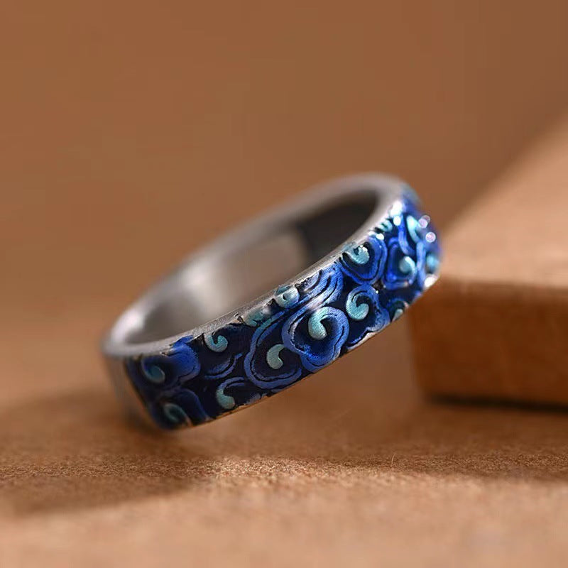 Blue Auspicious Clouds Design Healing Copper Adjustable Ring