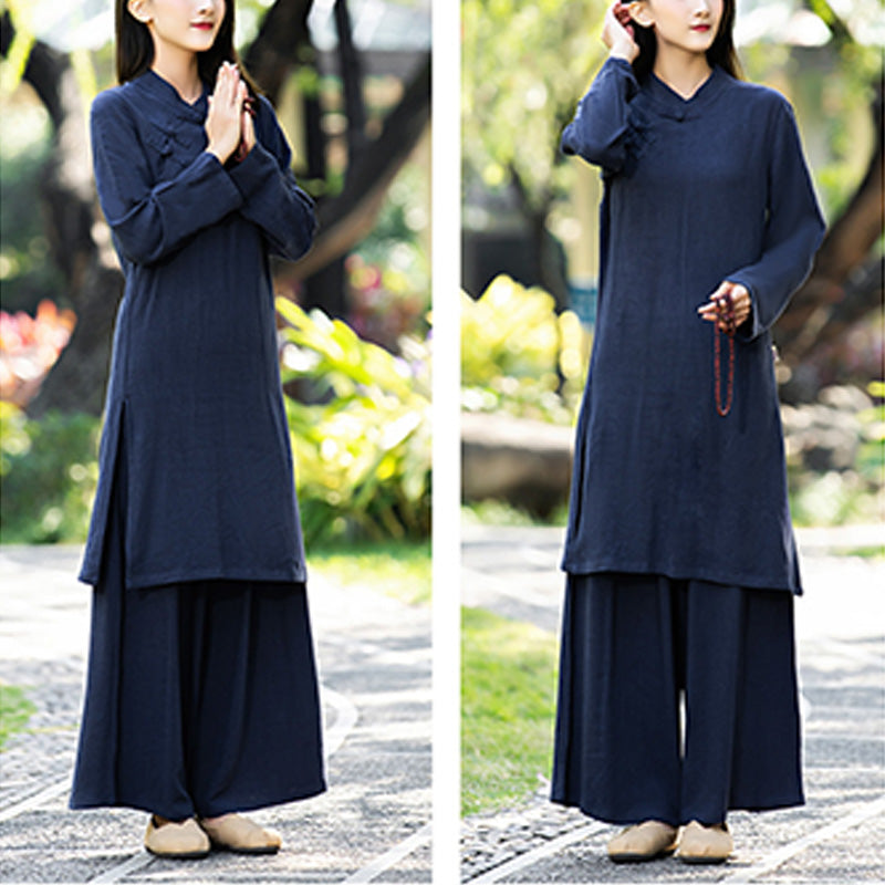 2Pcs Plain Long Sleeve Zen Yoga Clothing Meditation Clothing Top Pants Women's Set - Image 12