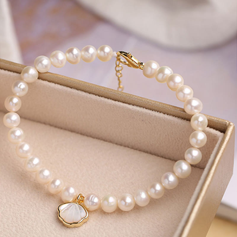 14K Gold Plated Natural Pearl Crystal Shell Charm Bead Bracelet - Image 8