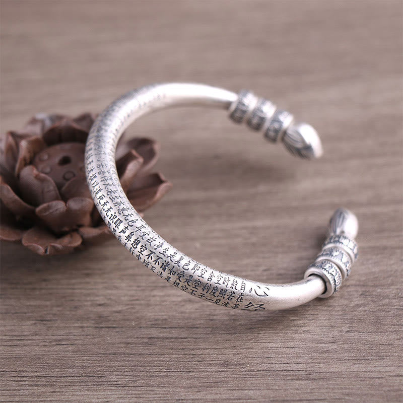 999 Sterling Silver Heart Sutra Om Mani Padme Hum Engraved Peace Purity Bracelet Bangle