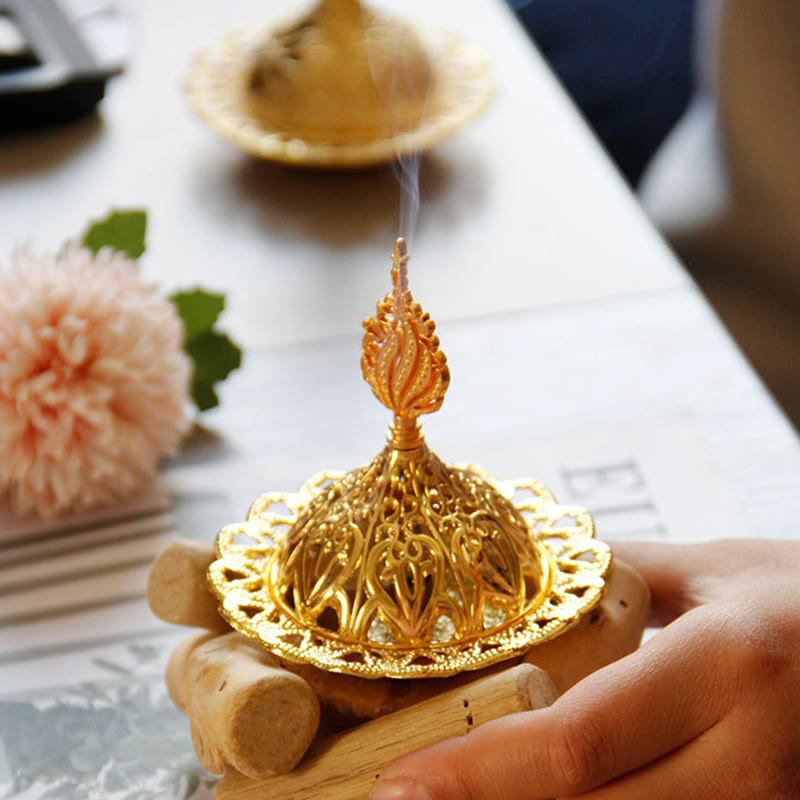 Gold Alloy Healing Mini Incense Burner With Wooden Coaster Home Decor - Image 12