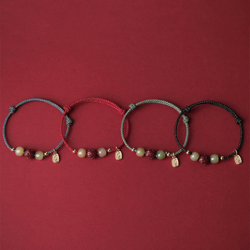 14K Gold Plated Hetian Jade Cinnabar Lotus Luck Handcrafted Rope Bracelet - Image 14