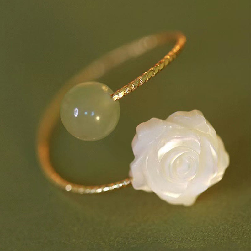 14K Gold Plated Tridacna Stone Rose Flower Jade Bead Blessing Ring
