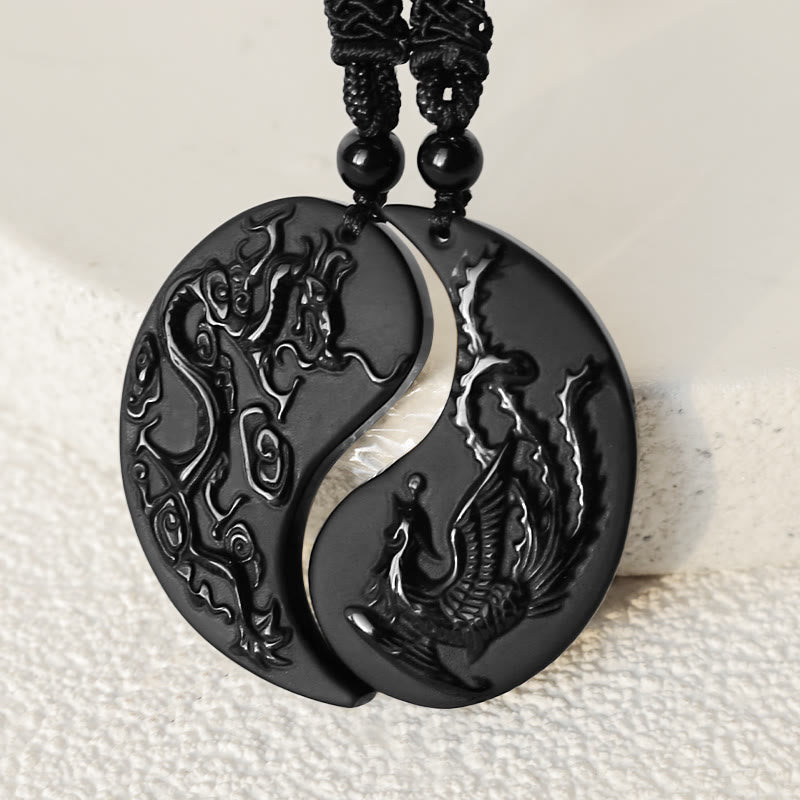 Black Obsidian Yin Yang Dragon Phoenix Luck Necklace Pendant - Image 3