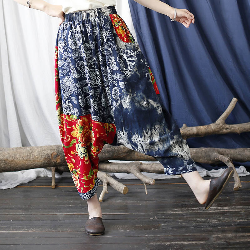 Blue Red Peony Flowers Patchwork Cotton Linen Harem Pants With Pockets - Image 15