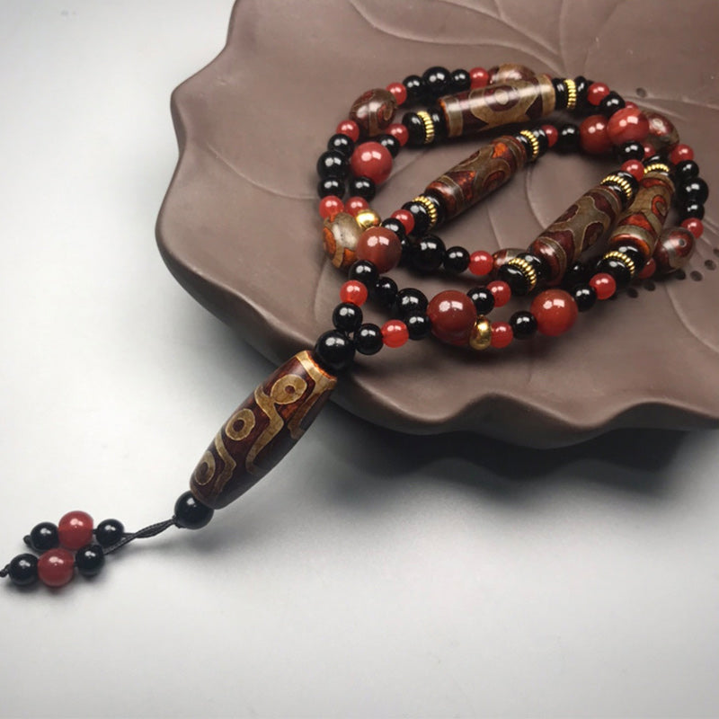 Nine-Eye Dzi Bead Red Agate Wealth Health Necklace - Image 3